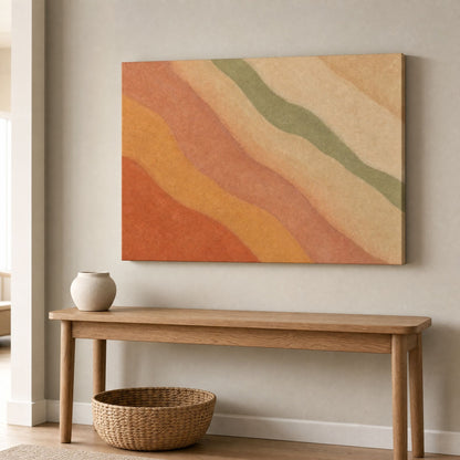Canvas above a wooden hallway bench with a small vase and a woven basket