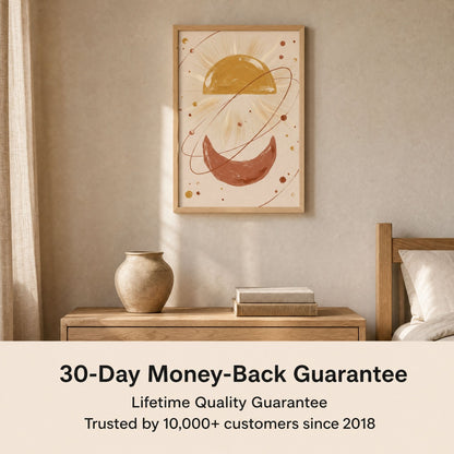 Boho sun and moon art above a bedroom console, with the 30-day money-back and lifetime quality guarantee.