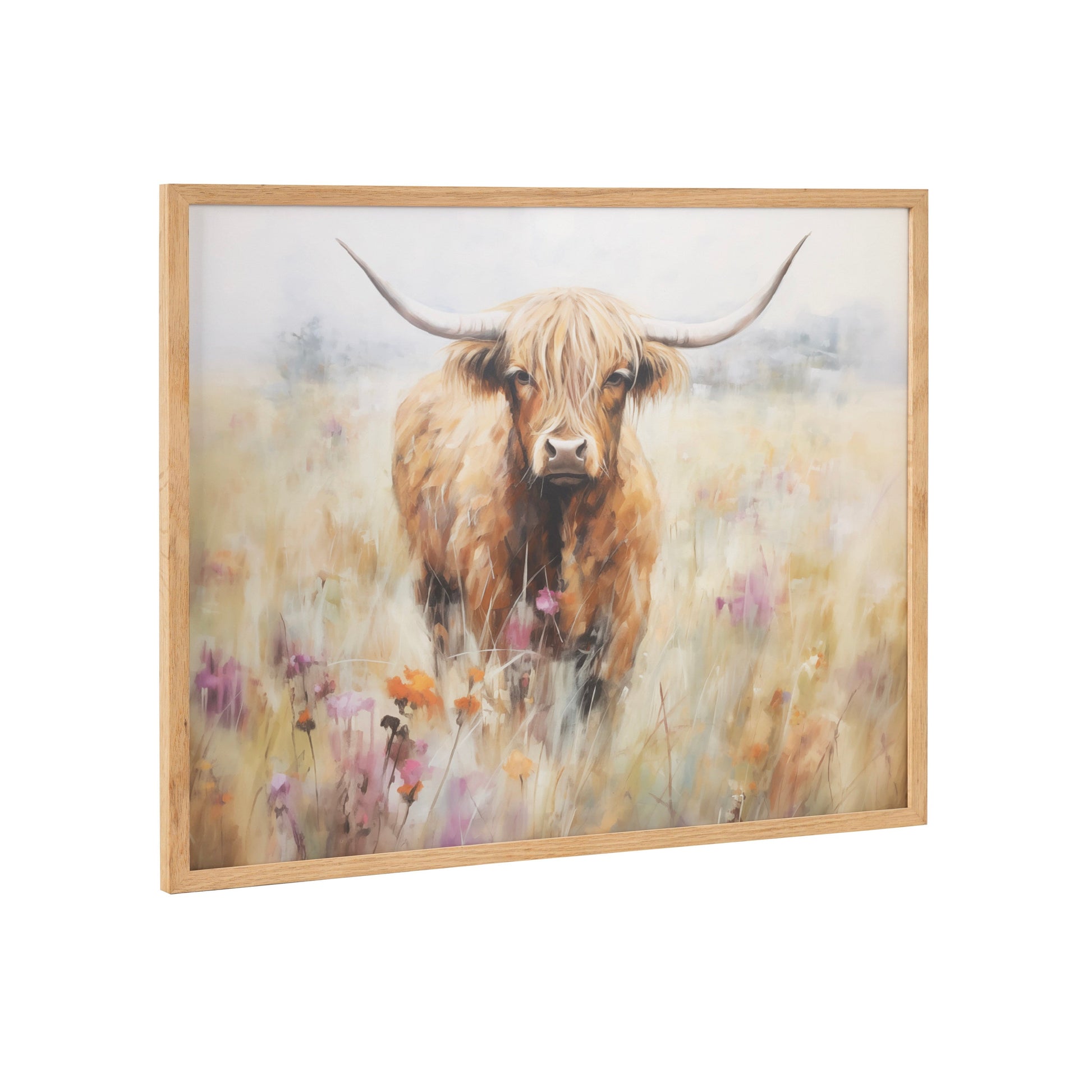 Highland cow in a flower field framed wall art print in a solid wood frame
