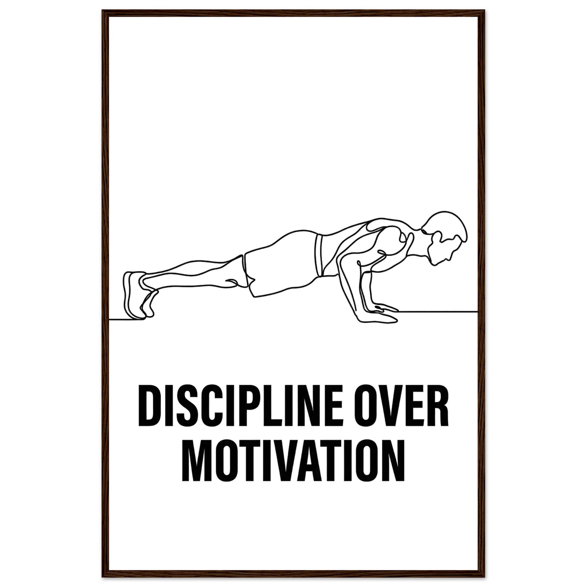 Discipline Over Motivation Poster — Framed Minimalist Line Art - 60x90 cm / 24x36″ - Dark wood frame / Ready-to-hang - Sparkycare