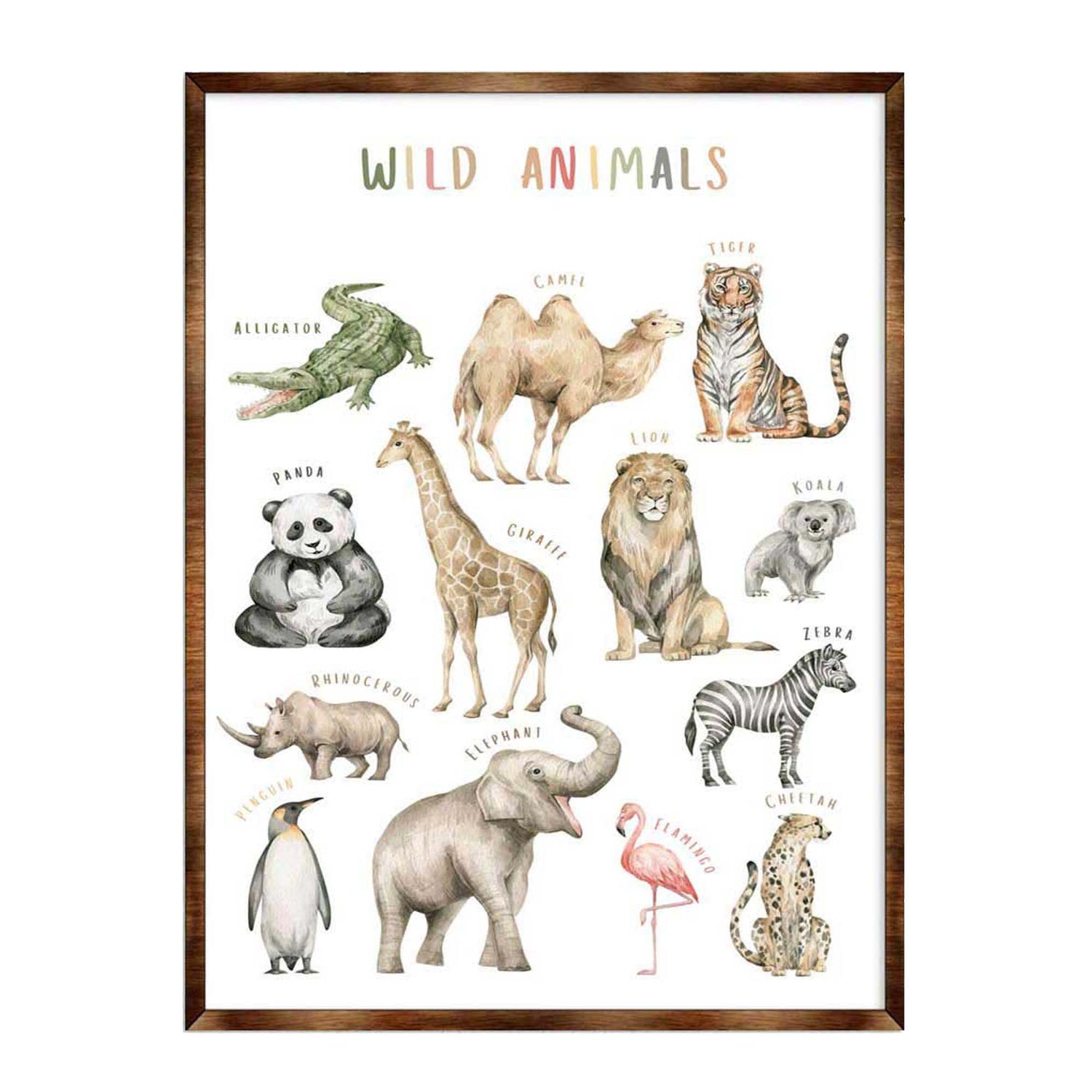 Wild animals wooden kids room educational wall art poster