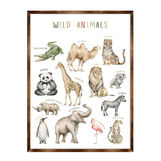 Wild animals wooden kids room educational wall art poster