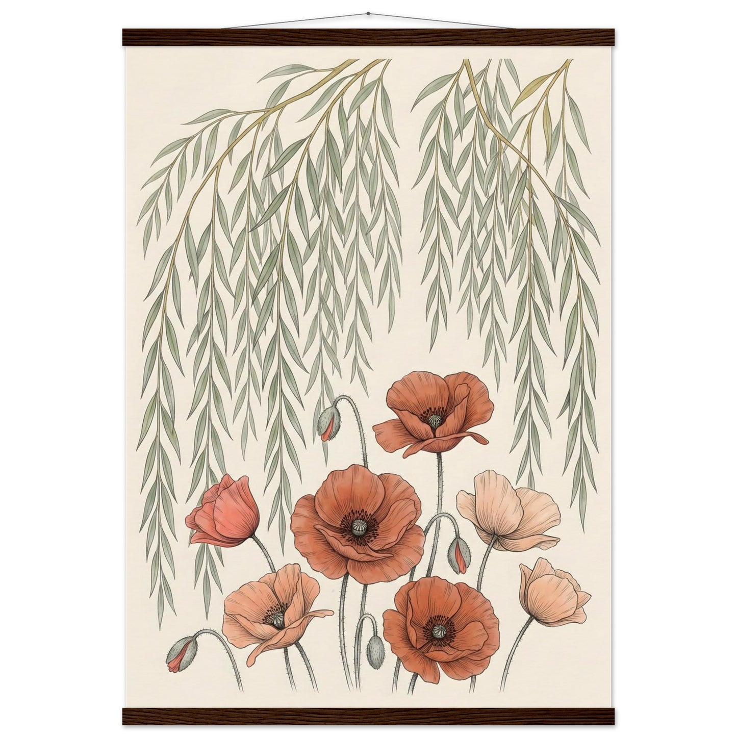 Willow Tree and Poppy Botanical 9th Anniversary Wall Art - A1 (59.4 x 84.1 cm) / Museum-Quality Matte Paper Poster with Hanger - Dark wood wall hanger - Sparkycare