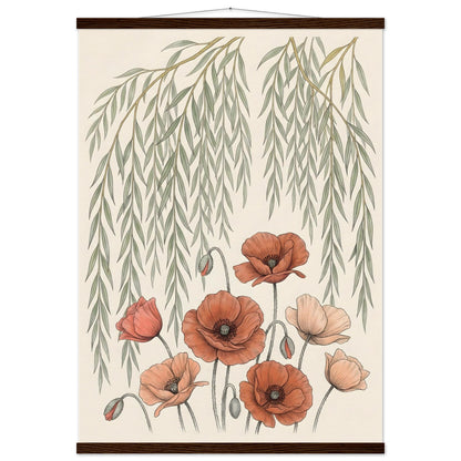 Willow Tree and Poppy Botanical 9th Anniversary Wall Art - A1 (59.4 x 84.1 cm) / Museum-Quality Matte Paper Poster with Hanger - Dark wood wall hanger - Sparkycare
