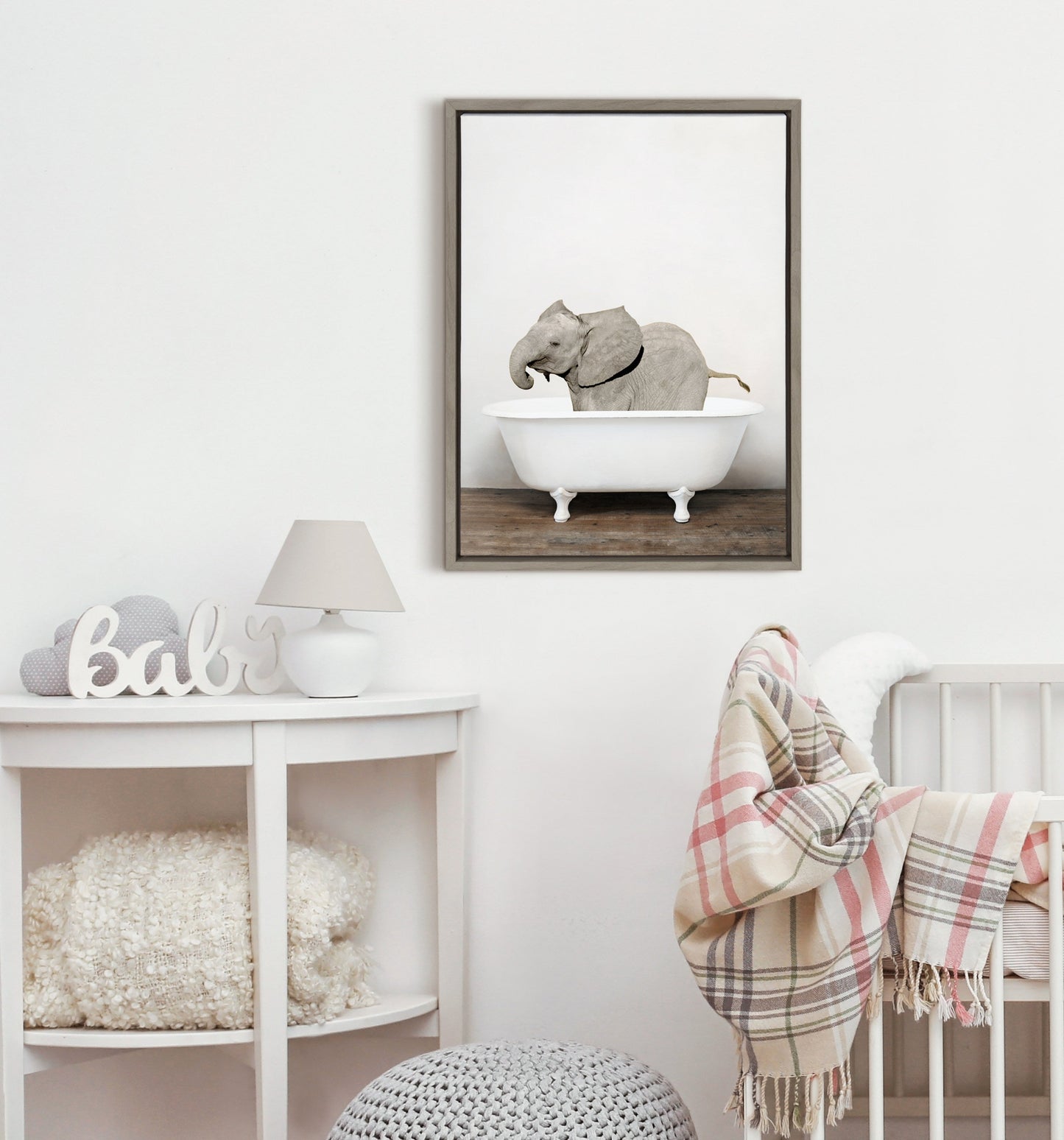 Baby Elephant in the Tub Framed Canvas Wall Art