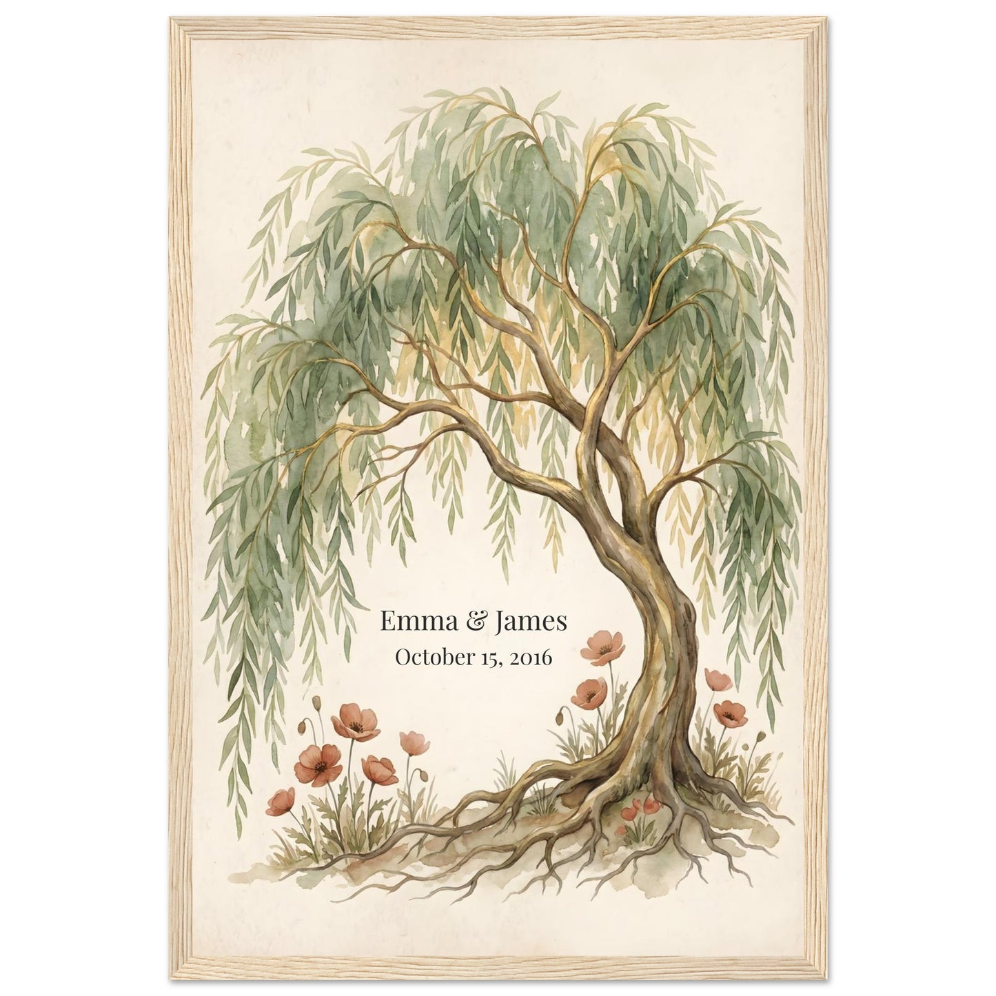 Personalized Willow Tree 9th Anniversary Wall Art - 30x45 cm / 12x18″ - Wood frame / Ready-to-hang - Sparkycare