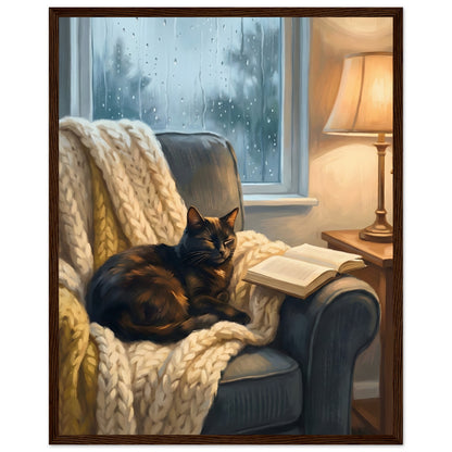 Cozy Cat Reading Poster - The Finishing Touch Your Reading Nook Needs - 40x50 cm / 16x20″ - Dark wood frame / Ready-to-hang - Sparkycare
