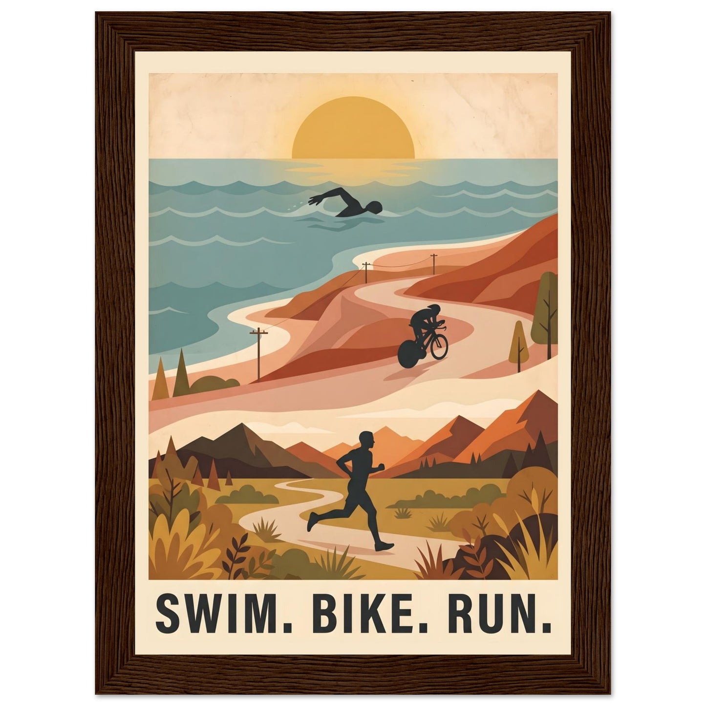 Triathlon Poster: Retro Swim Bike Run Framed Wall Art - 13x18 cm / 5x7″ - Dark wood frame / Ready-to-hang - Sparkycare
