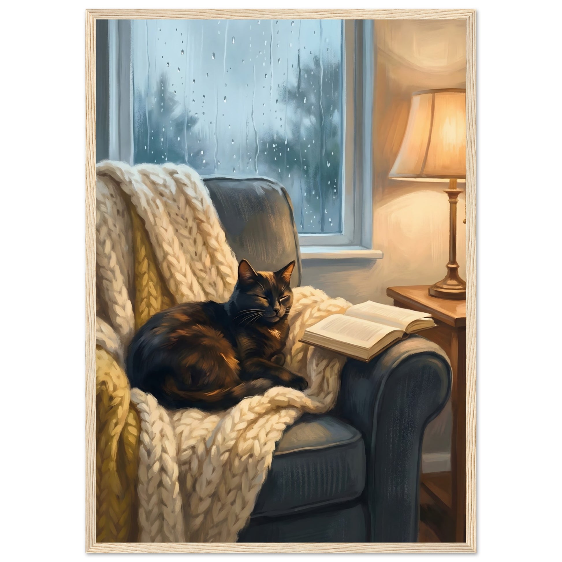 Cozy Cat Reading Poster - The Finishing Touch Your Reading Nook Needs - A2 (42 x 59.4 cm) - Wood frame / Ready-to-hang - Sparkycare