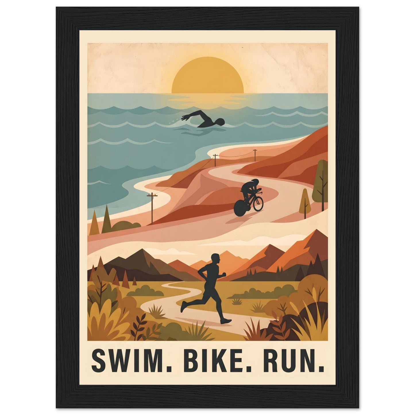 Triathlon Poster: Retro Swim Bike Run Framed Wall Art - 13x18 cm / 5x7″ - Black frame / Ready-to-hang - Sparkycare