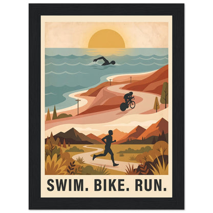 Triathlon Poster: Retro Swim Bike Run Framed Wall Art - 20x25 cm / 8x10″ - White frame / Ready-to-hang - Sparkycare