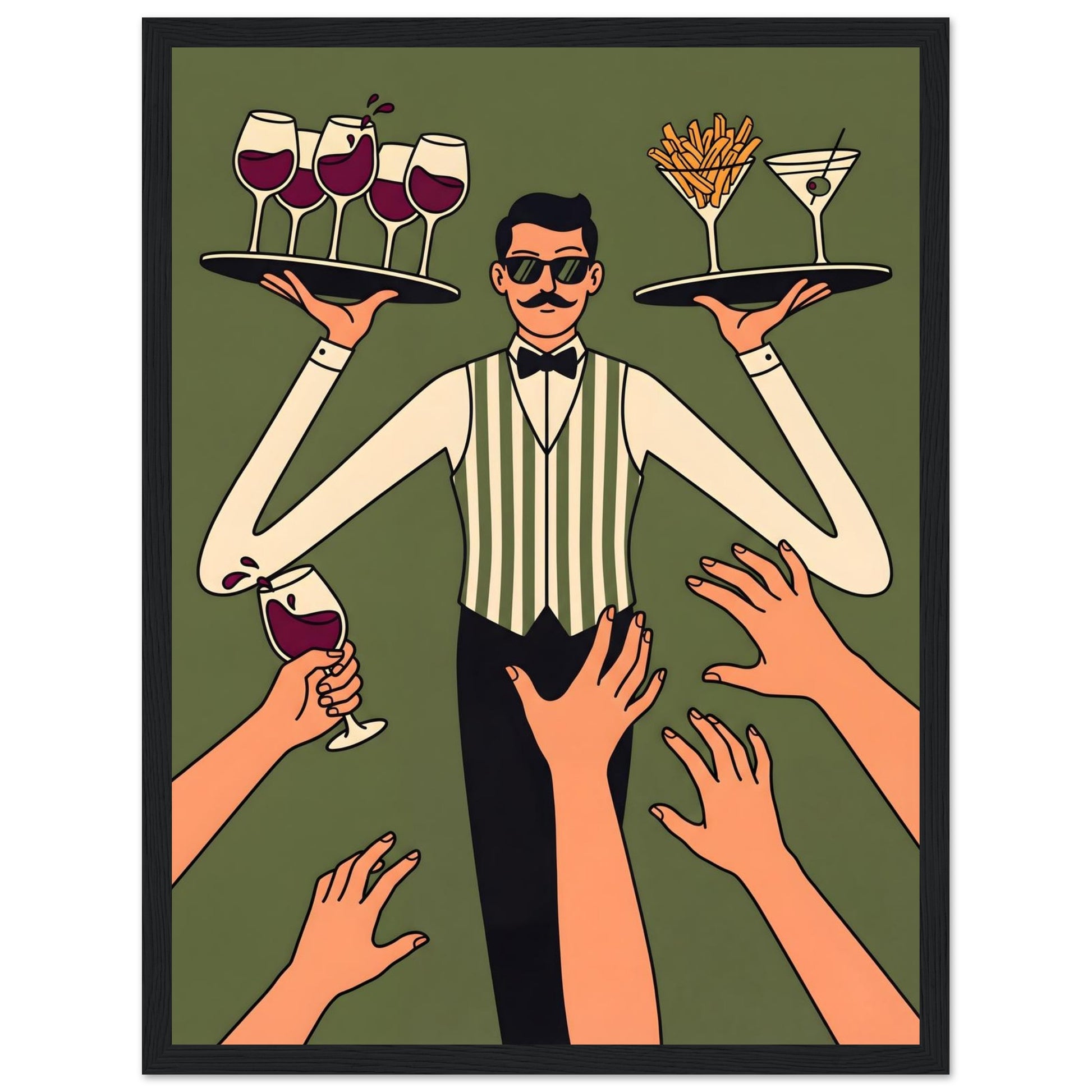 Retro Waiter Bar Art, Framed Server Wall Decor - 20x25 cm / 8x10″ - White frame / Ready-to-hang - Sparkycare