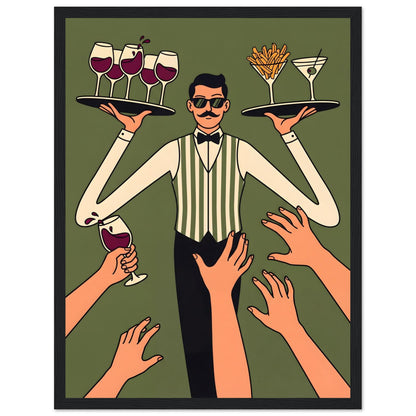 Retro Waiter Bar Art, Framed Server Wall Decor - 20x25 cm / 8x10″ - White frame / Ready-to-hang - Sparkycare