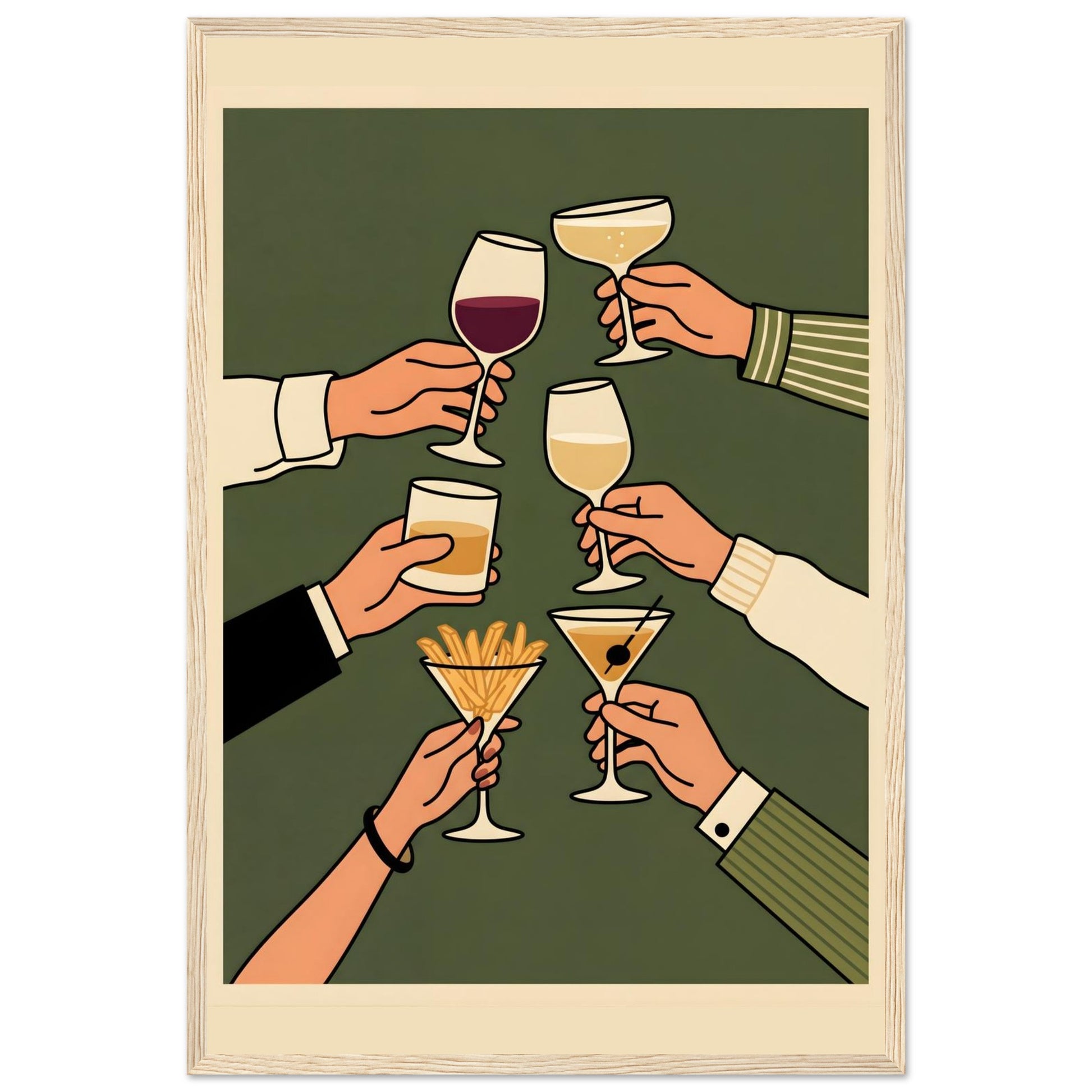 Retro Cheers Cocktail Toast Wall Art, Framed Bar Decor - 20x25 cm / 8x10″ - White frame / Ready-to-hang - Sparkycare