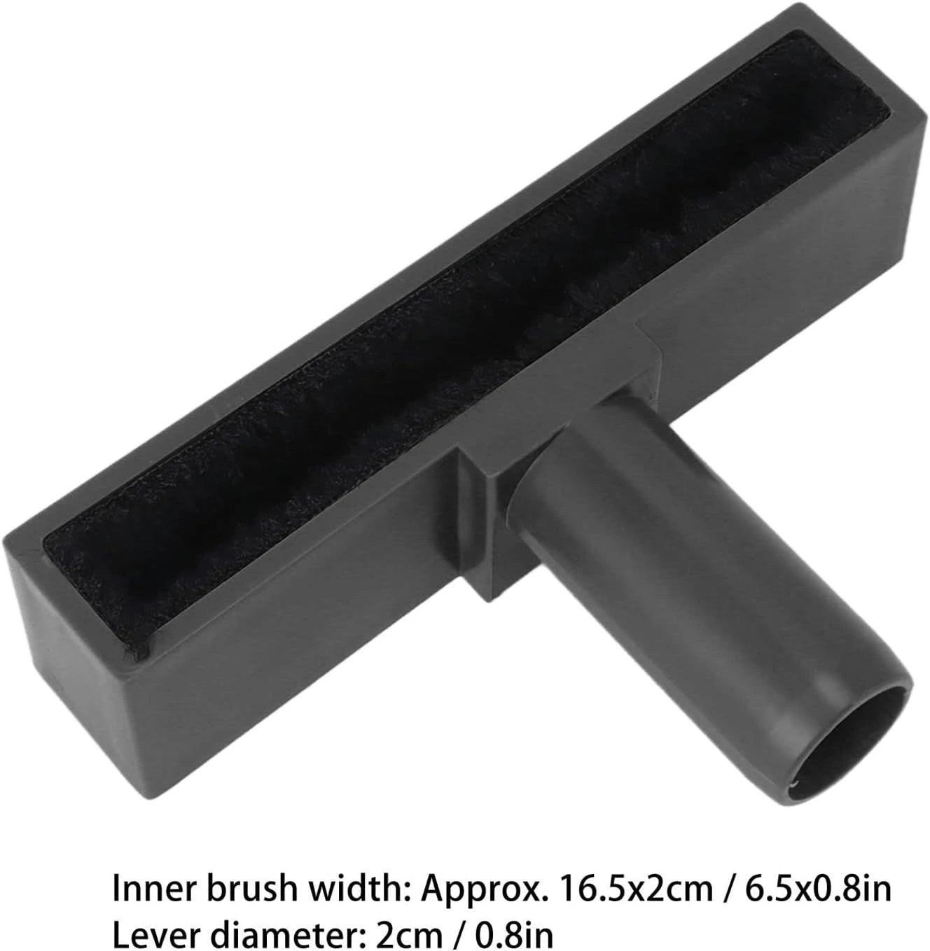 Black ceiling fan blade cleaner tool showing 16.5cm inner brush width and 2cm vacuum attachment diameter