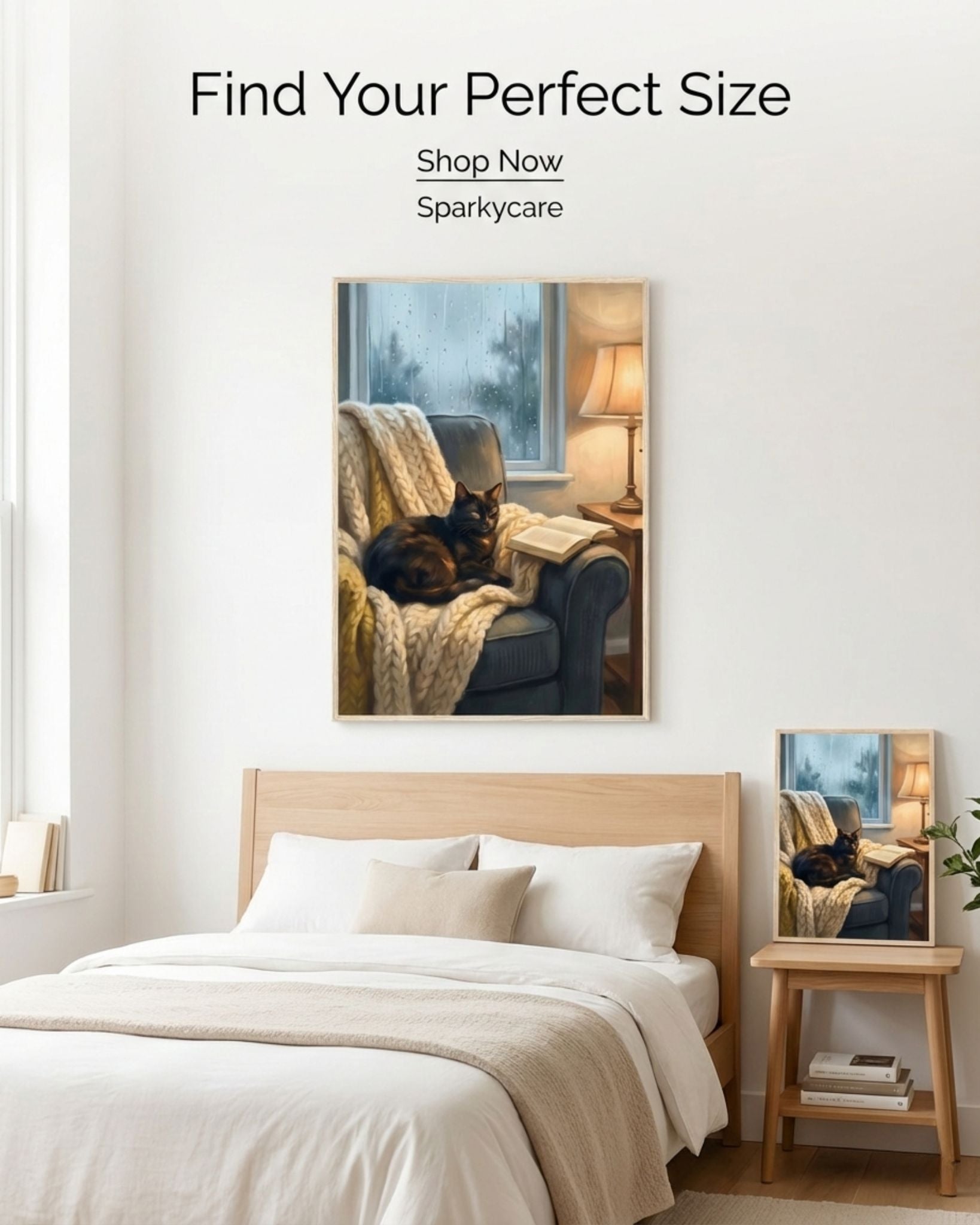 Bedroom with a large mirror reflecting a cozy living room scene, featuring a cat on a couch.