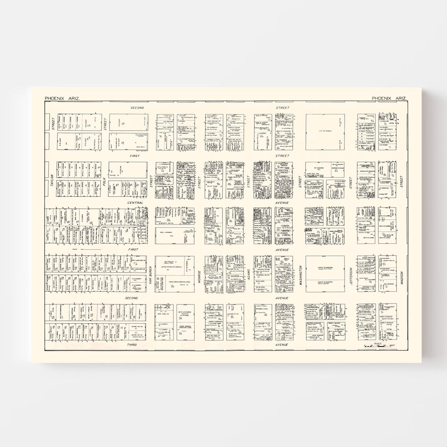 Vintage Map of Phoenix, Arizona Business Section, 1929