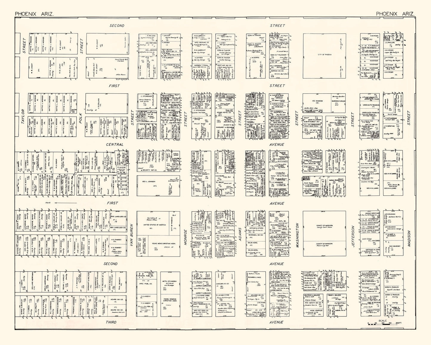 Vintage Map of Phoenix, Arizona Business Section, 1929