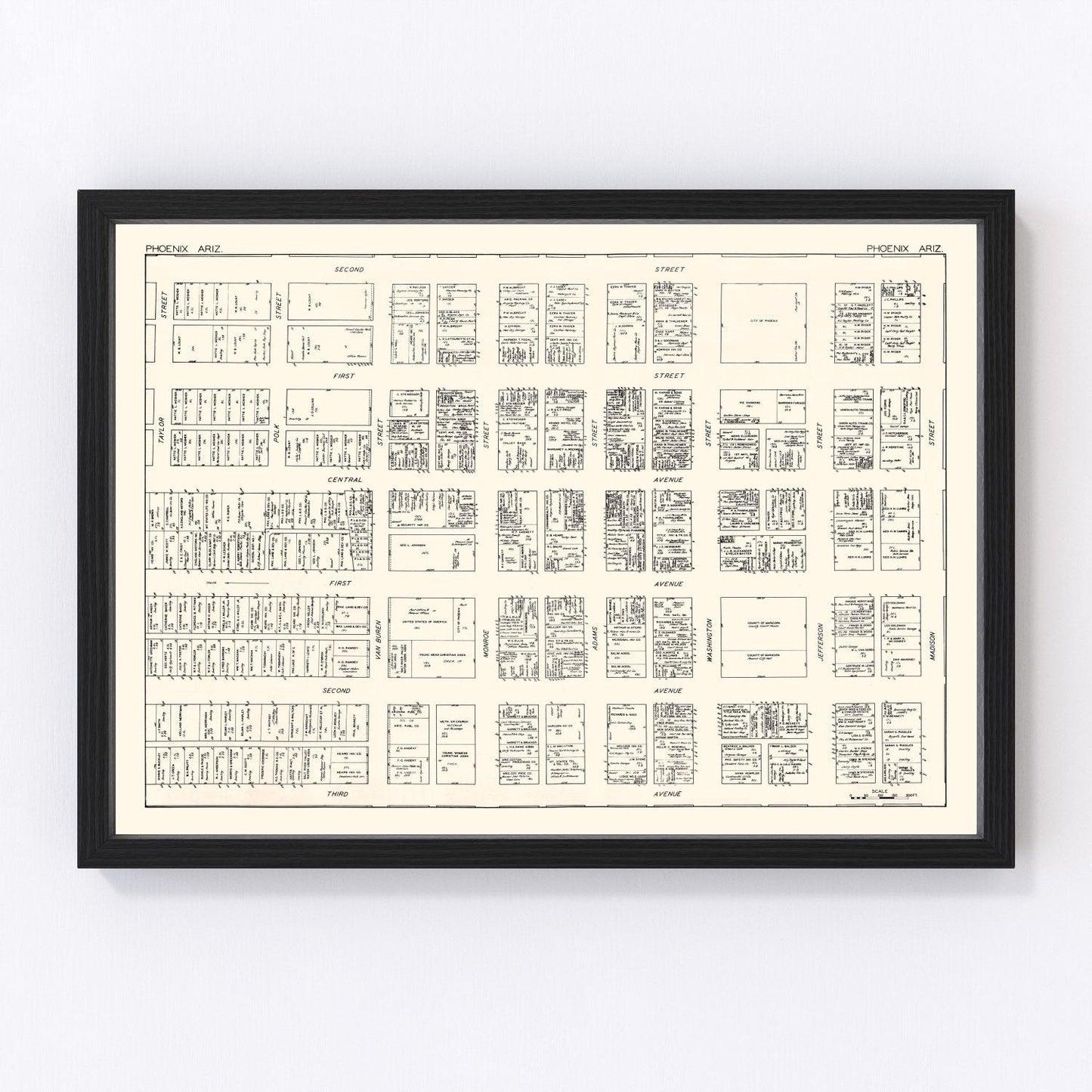 vintage map of Phoenix, Arizona business section, 1929
