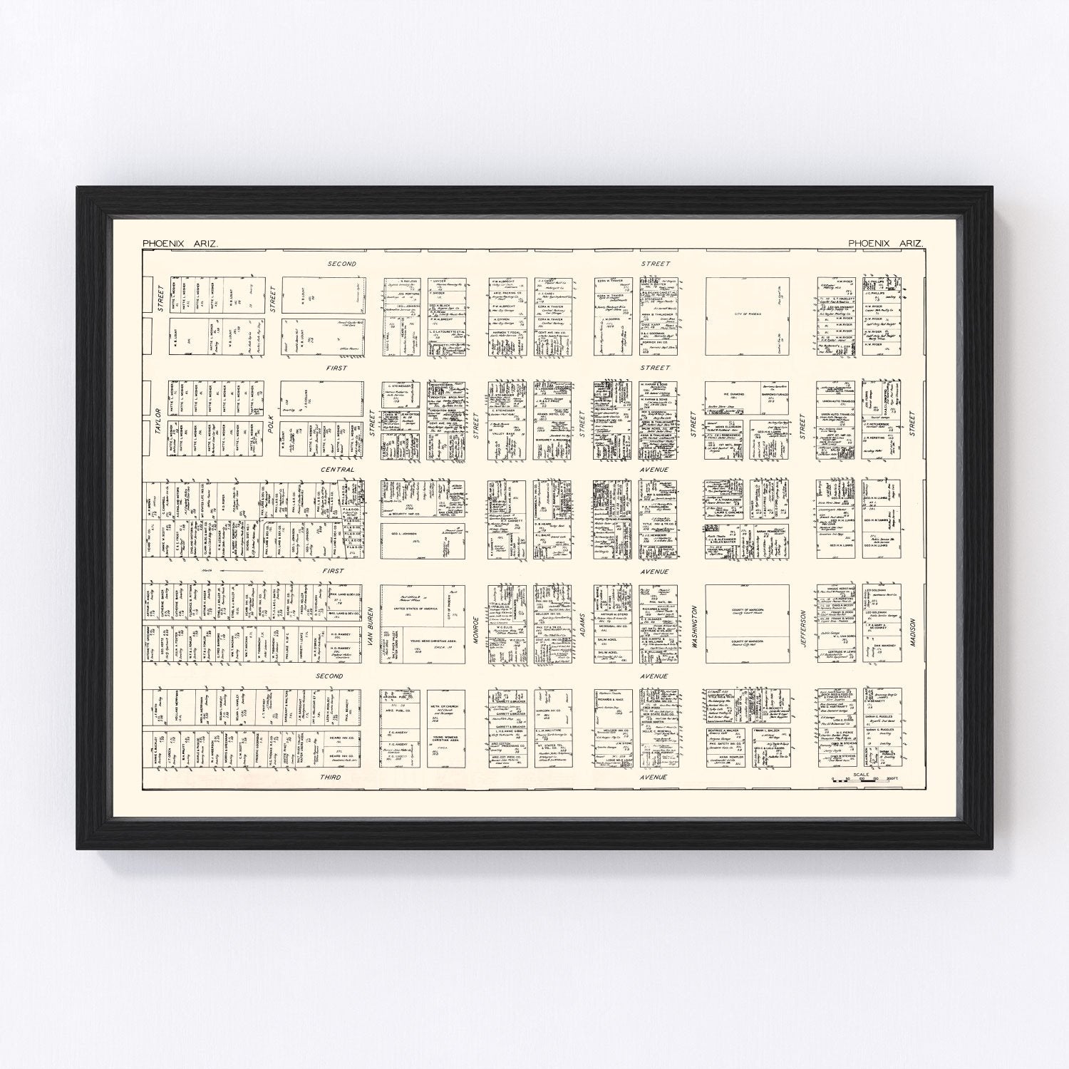 vintage map of Phoenix, Arizona business section, 1929