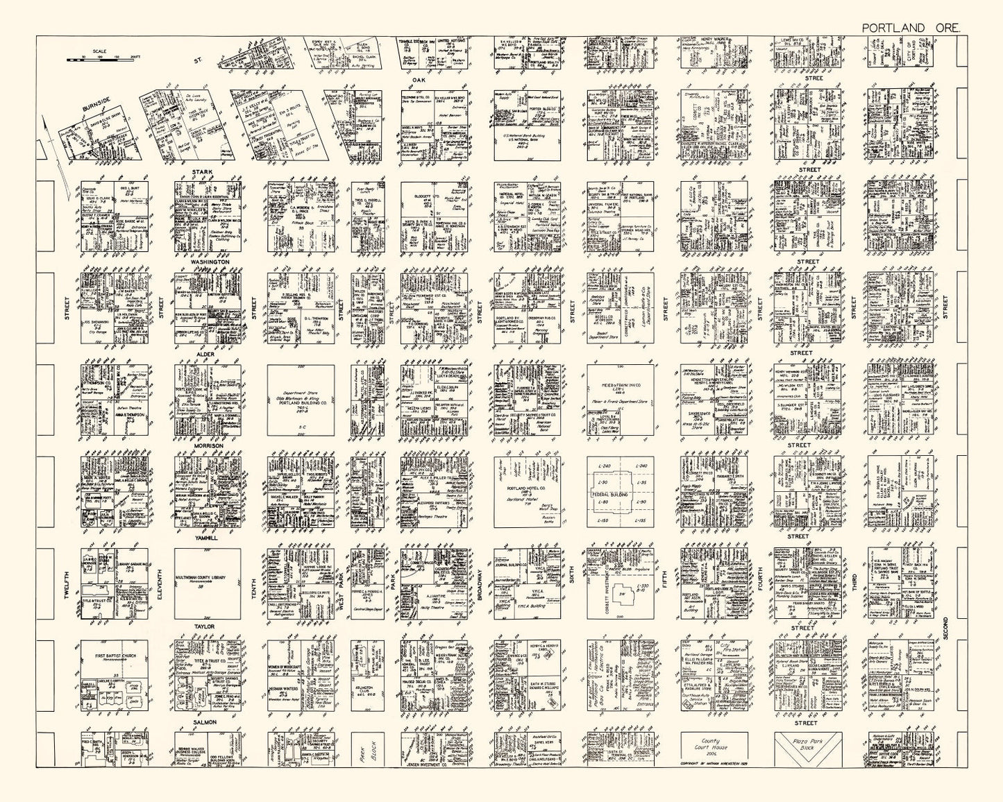 Vintage Map of Portland, OR Business Section, 1929