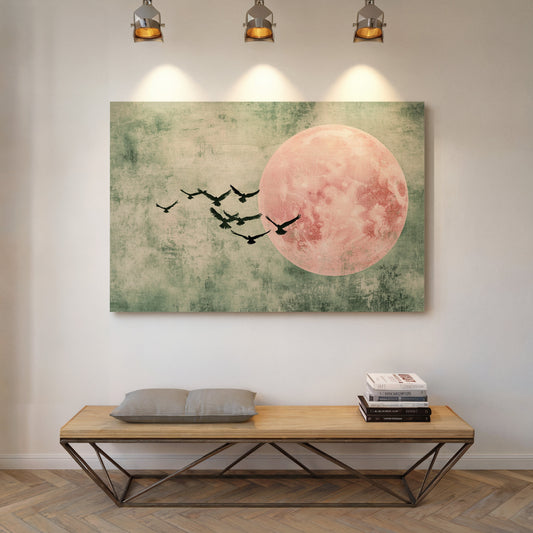 Pink Moon Wall Art - Minimalist Birds in Flight Print