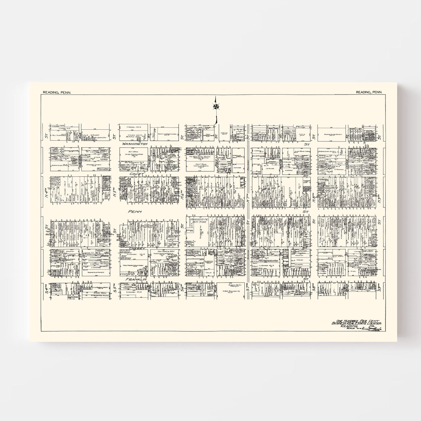 Vintage Map of Reading, Pennsylvania Business Section, 1929