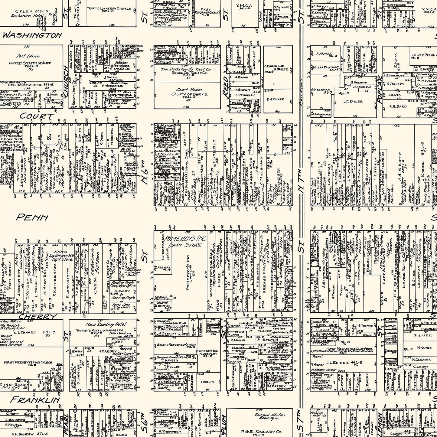 Vintage Map of Reading, Pennsylvania Business Section, 1929