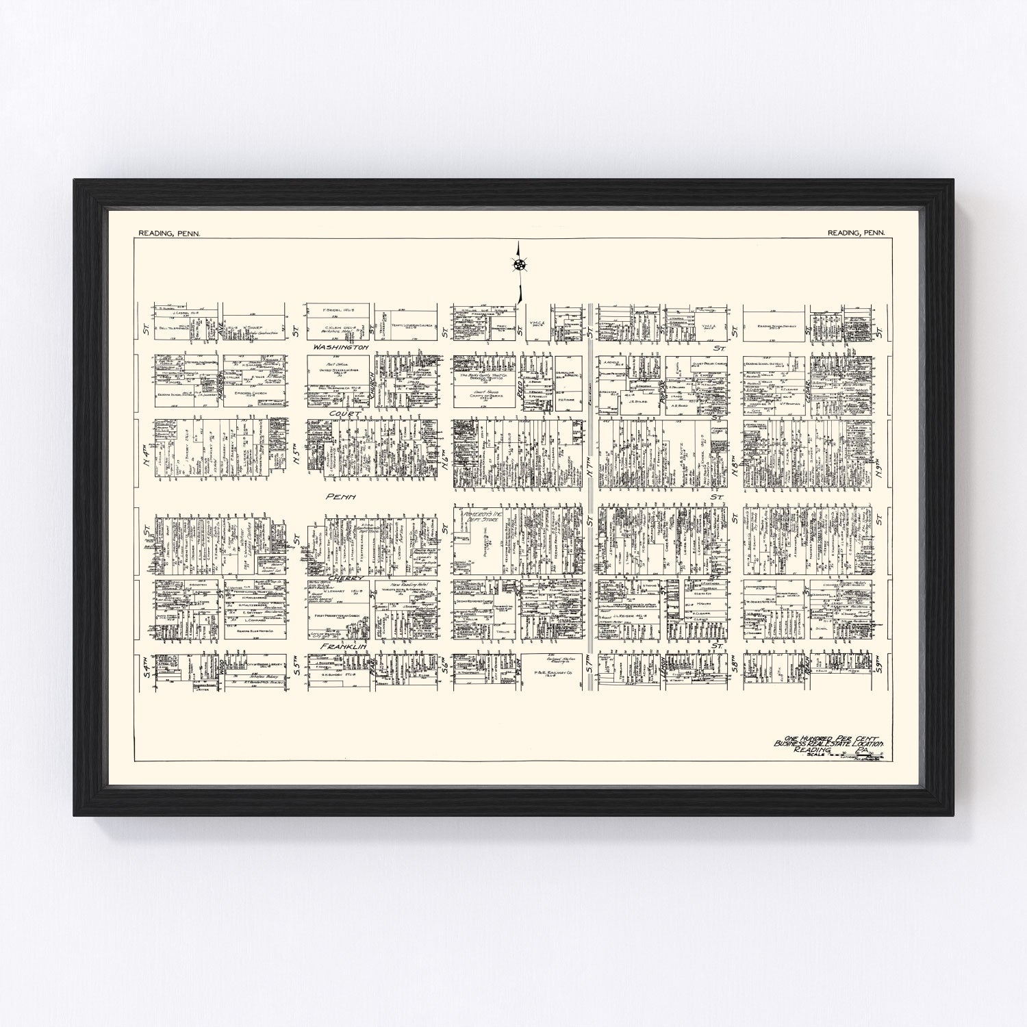 Vintage map of Reading, Pennsylvania business section, 1929