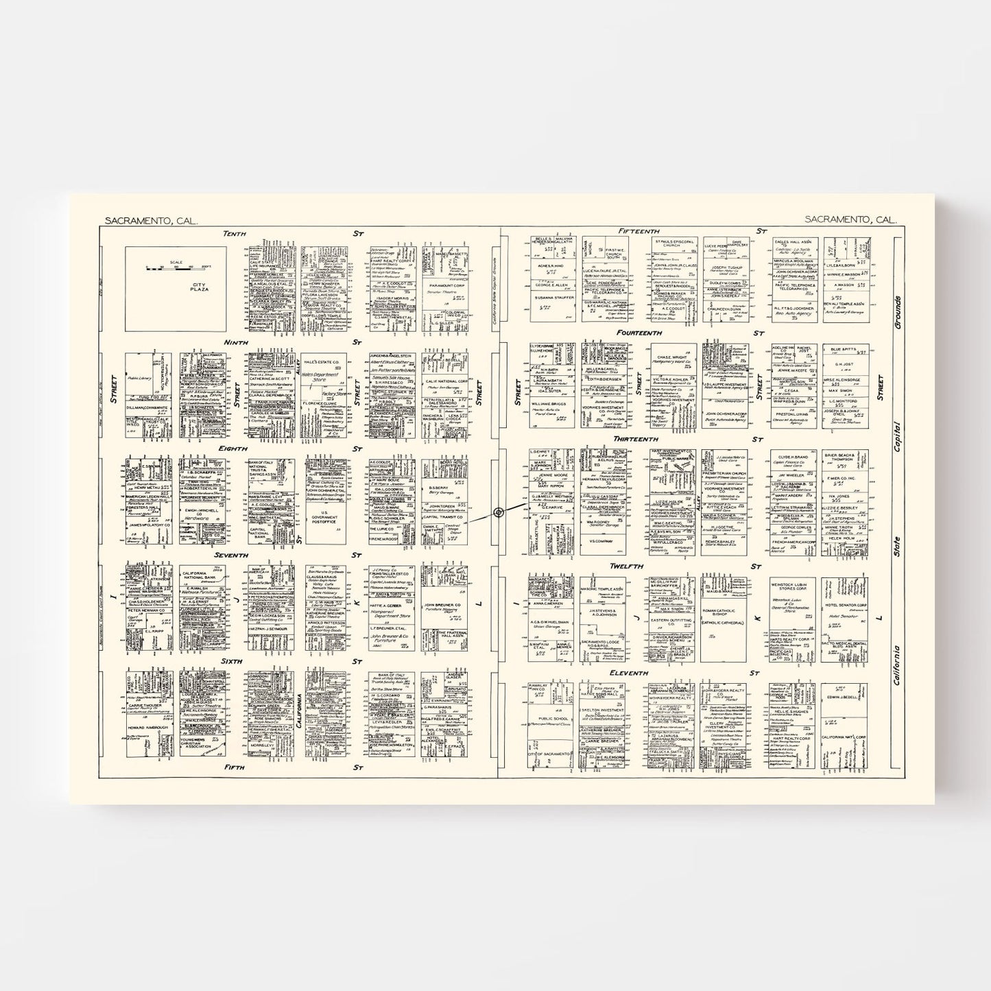 Vintage Map of Sacramento Business Section, California, 1929