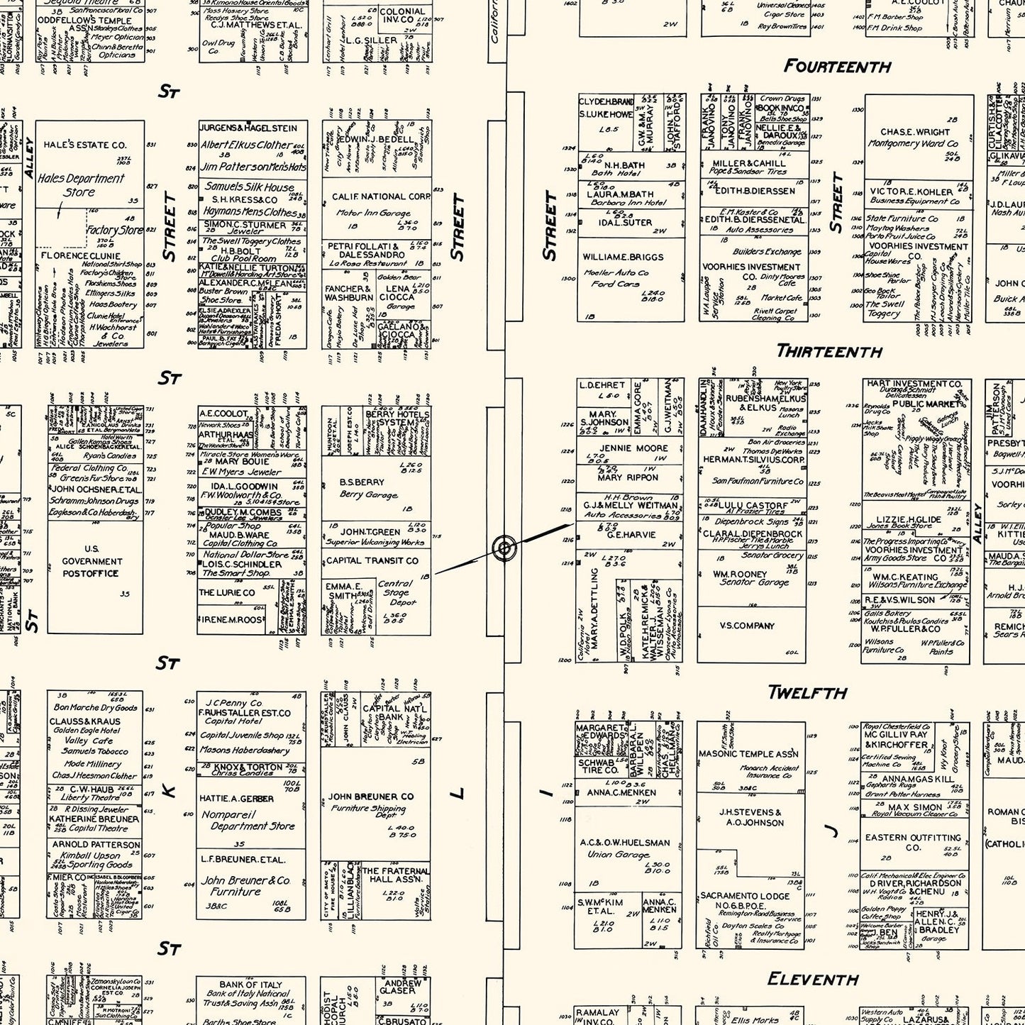 Vintage Map of Sacramento Business Section, California, 1929