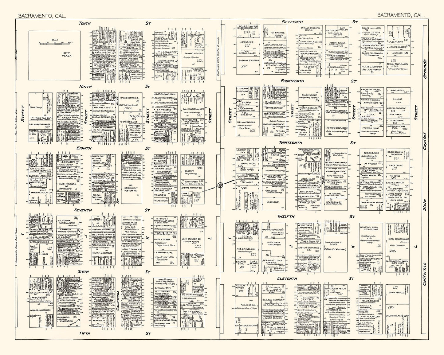 Vintage Map of Sacramento Business Section, California, 1929