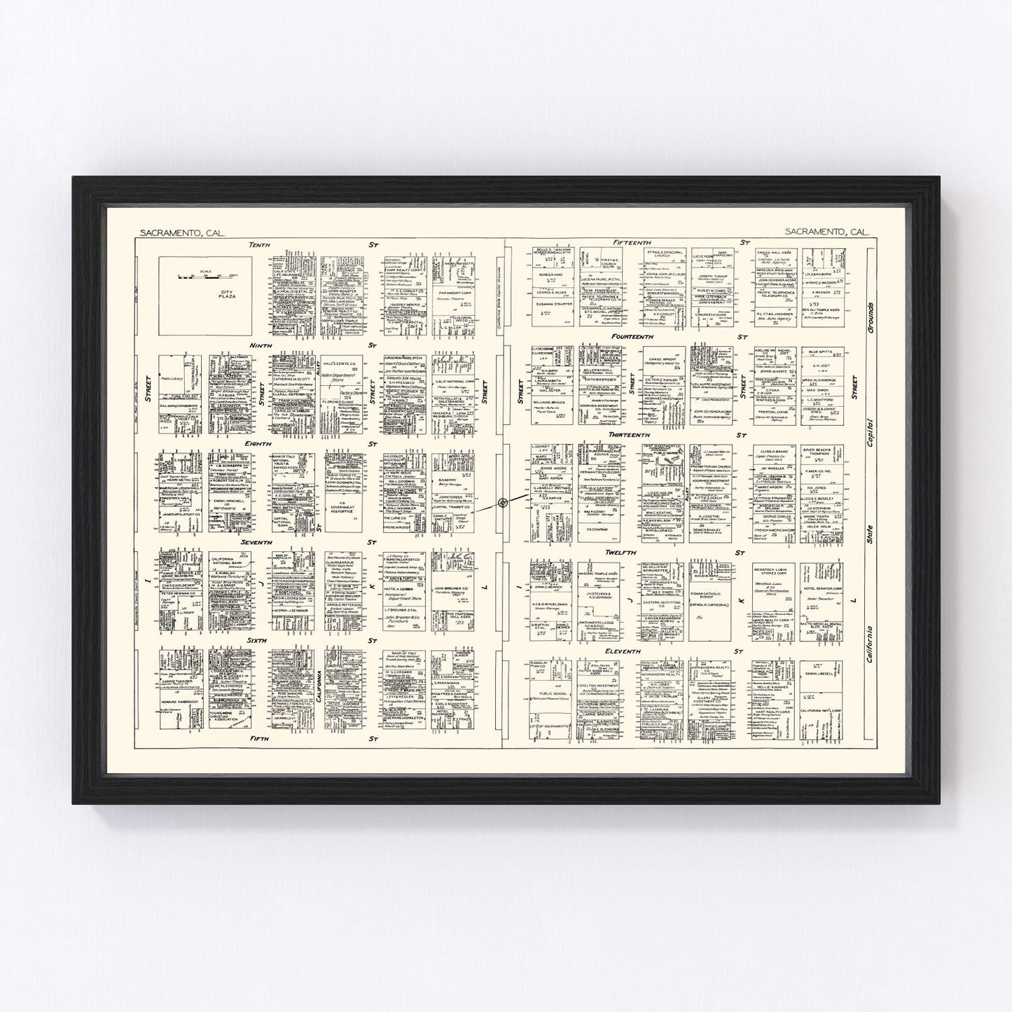 vintage map of Sacramento business section, California, 1929