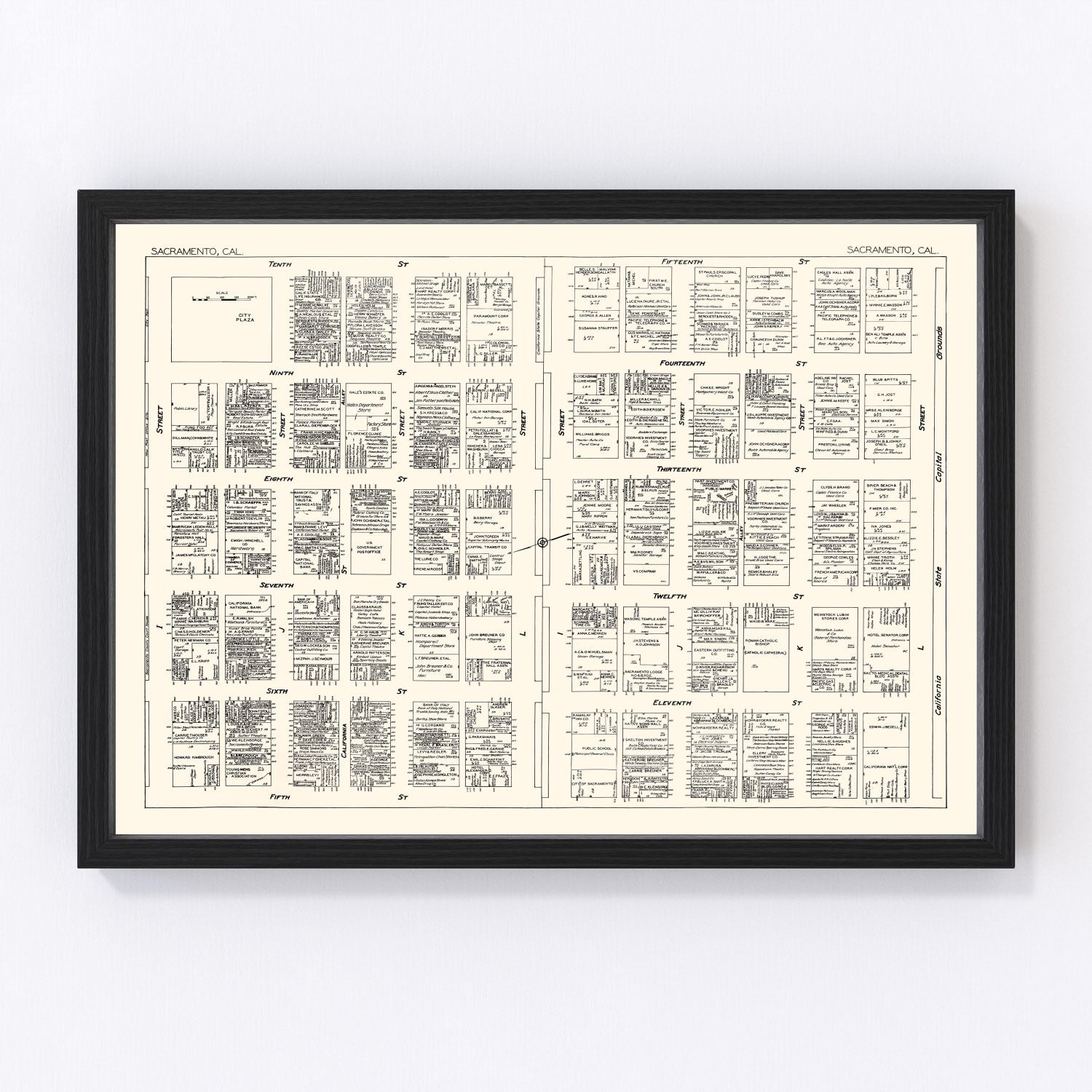 vintage map of Sacramento business section, California, 1929