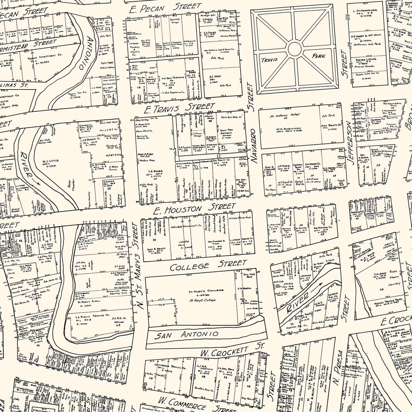 Vintage Map of San Antonio Business Section, Texas, 1929