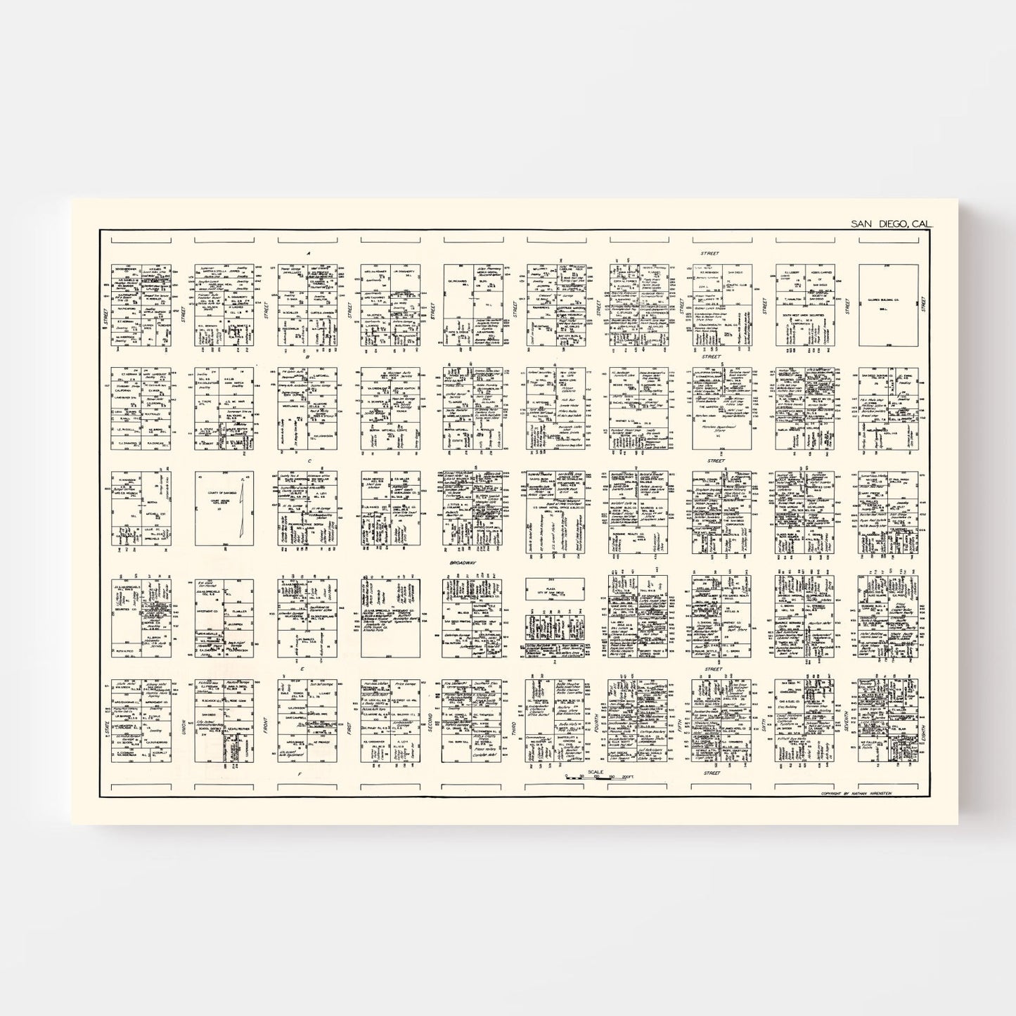 Vintage Map of San Diego, California Business Section, 1929