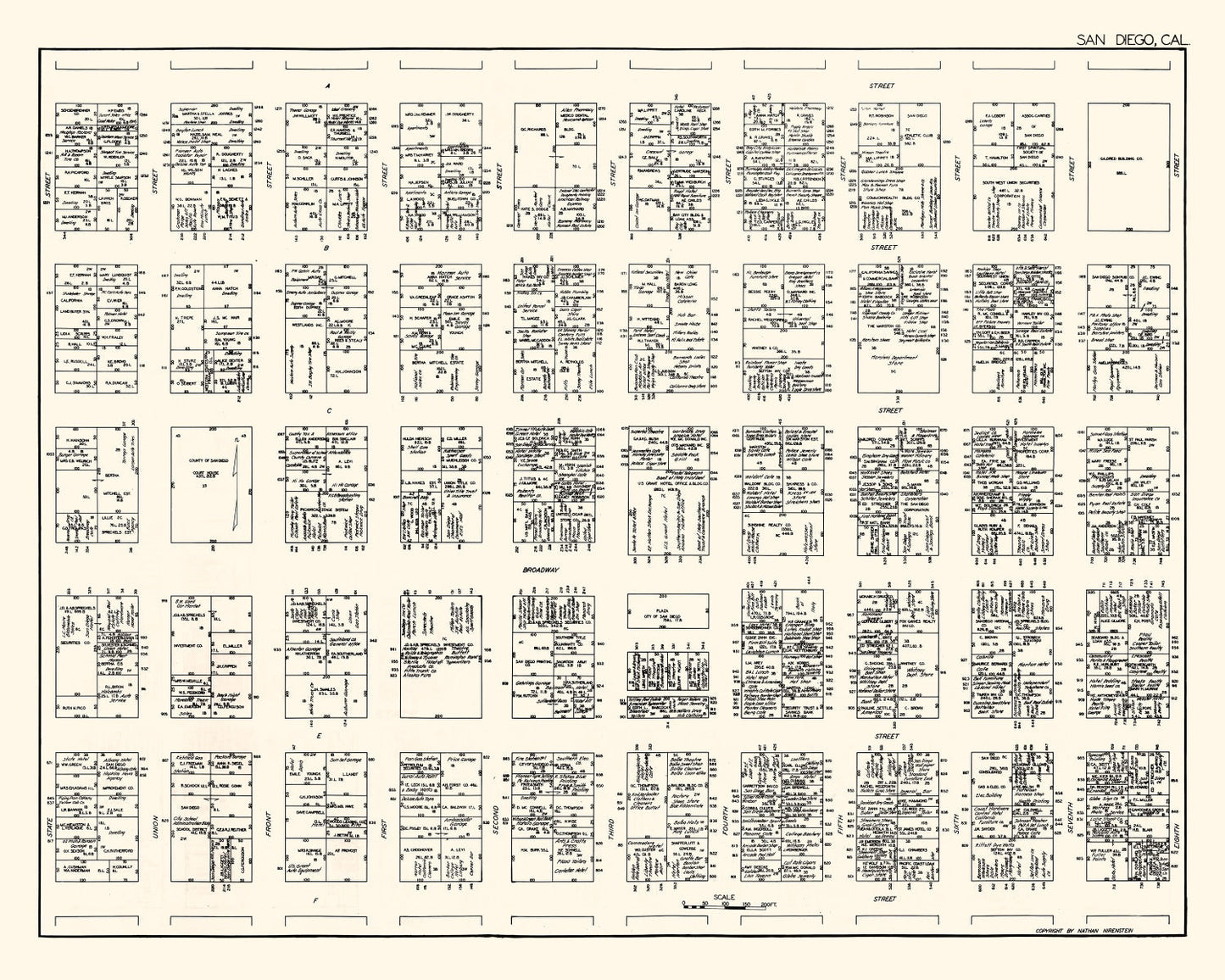 Vintage Map of San Diego, California Business Section, 1929