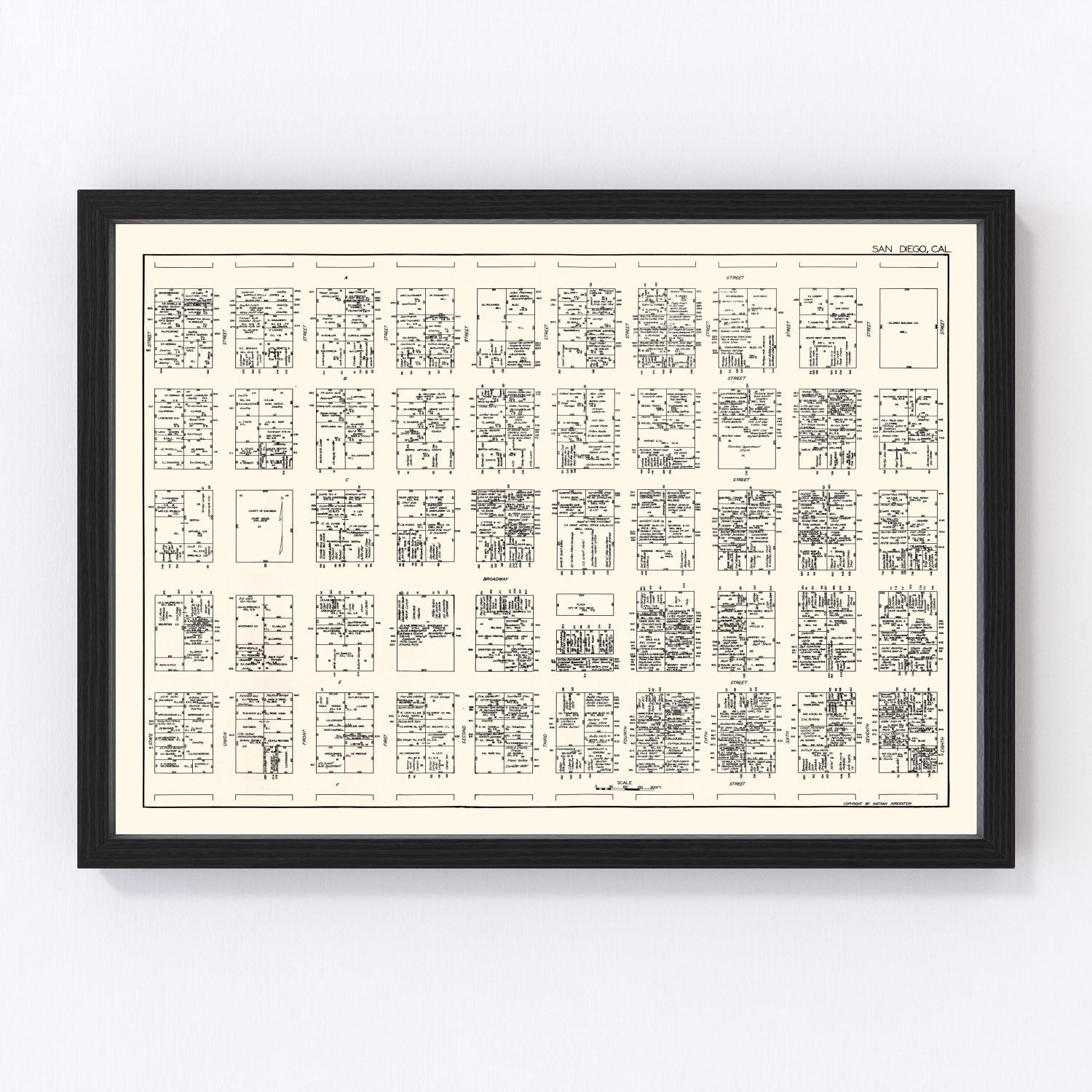 vintage map of San Diego business section, California, 1929