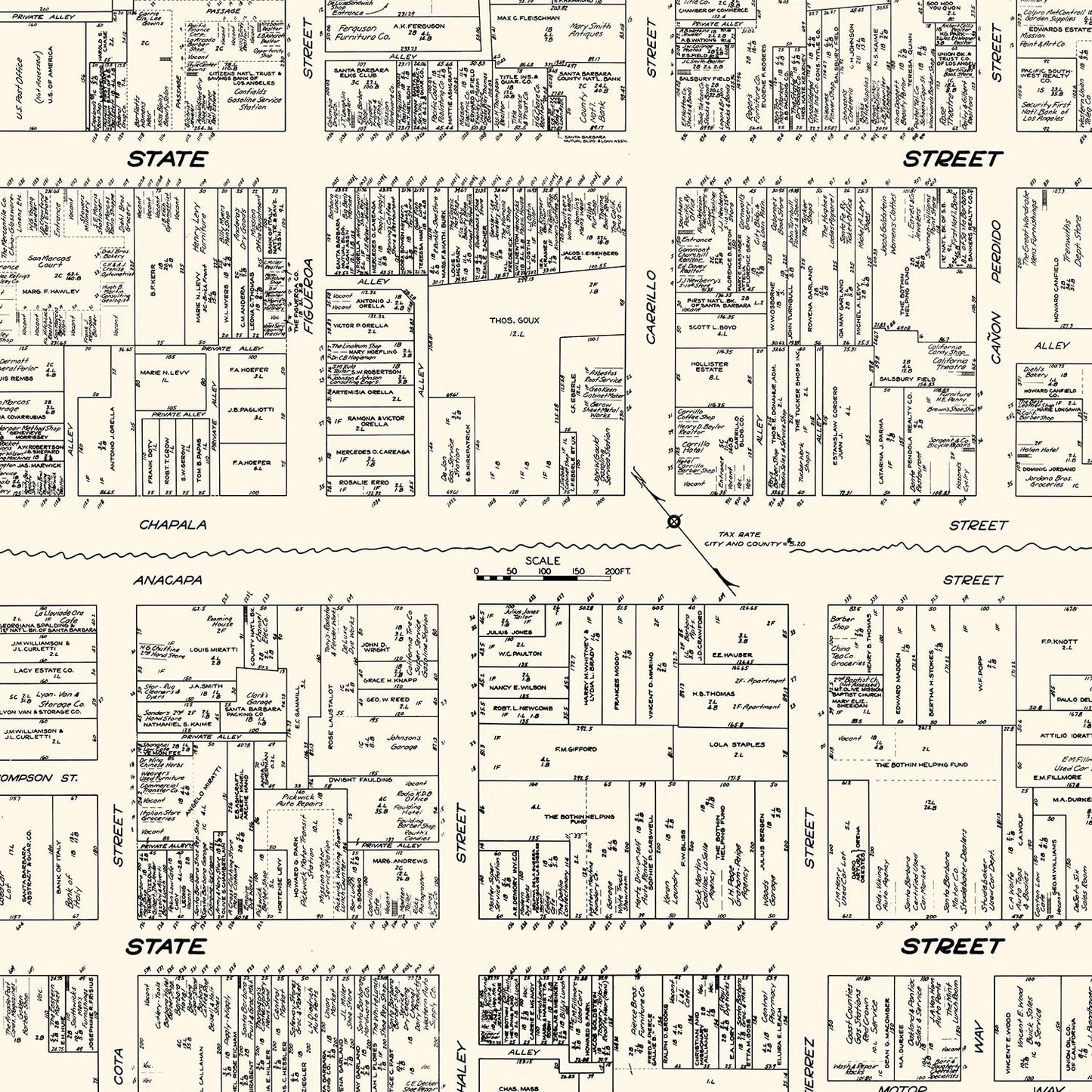 Vintage Map of Santa Barbara Business Section, CA, 1929