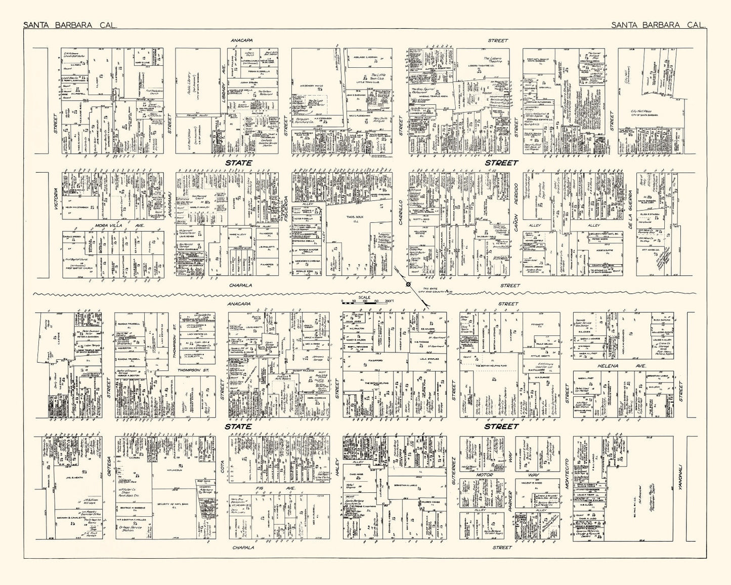 Vintage Map of Santa Barbara Business Section, CA, 1929