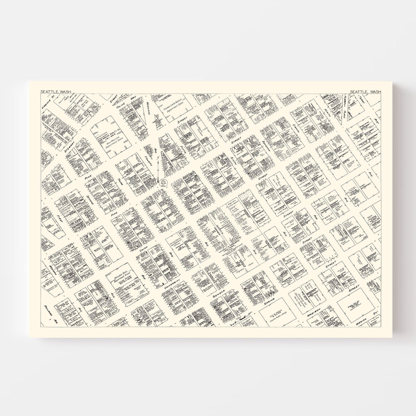 Vintage Map of Seattle, Washington Business Section, 1929