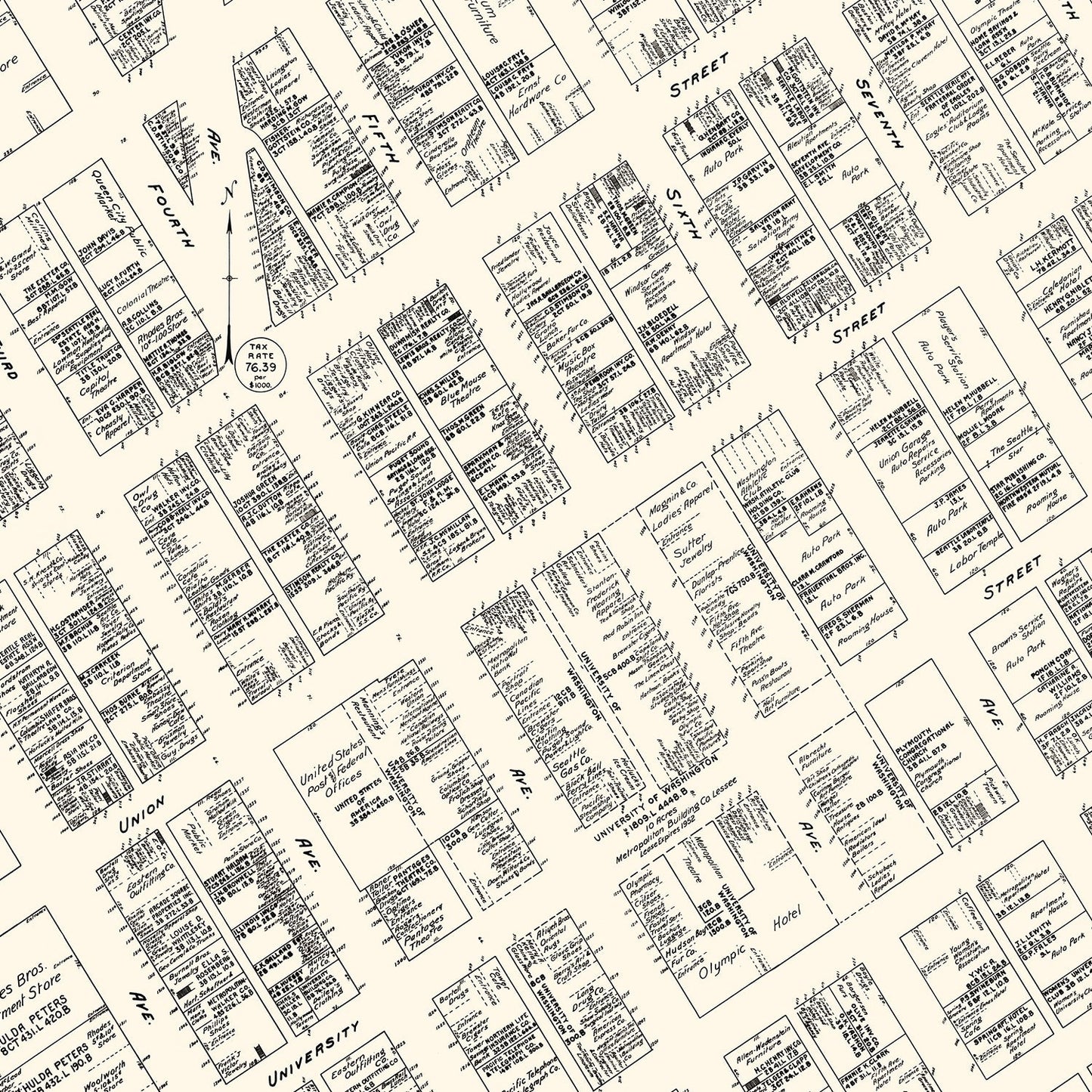 Vintage Map of Seattle, Washington Business Section, 1929