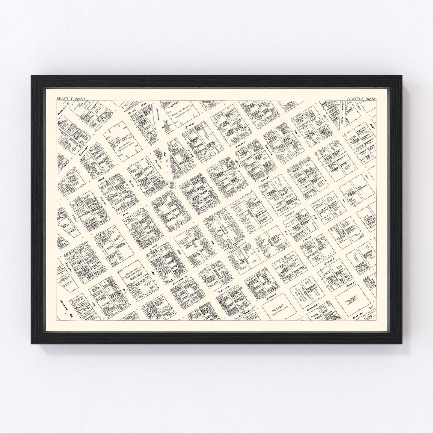 vintage map of Seattle, Washington business section, 1929