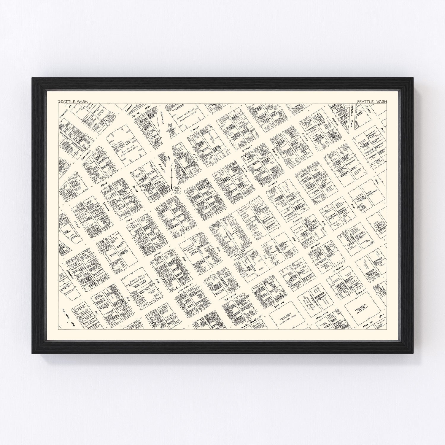 vintage map of Seattle, Washington business section, 1929