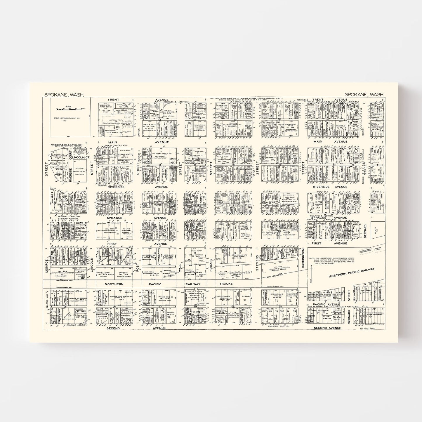 Vintage Map of Spokane, Washington Business Section, 1929