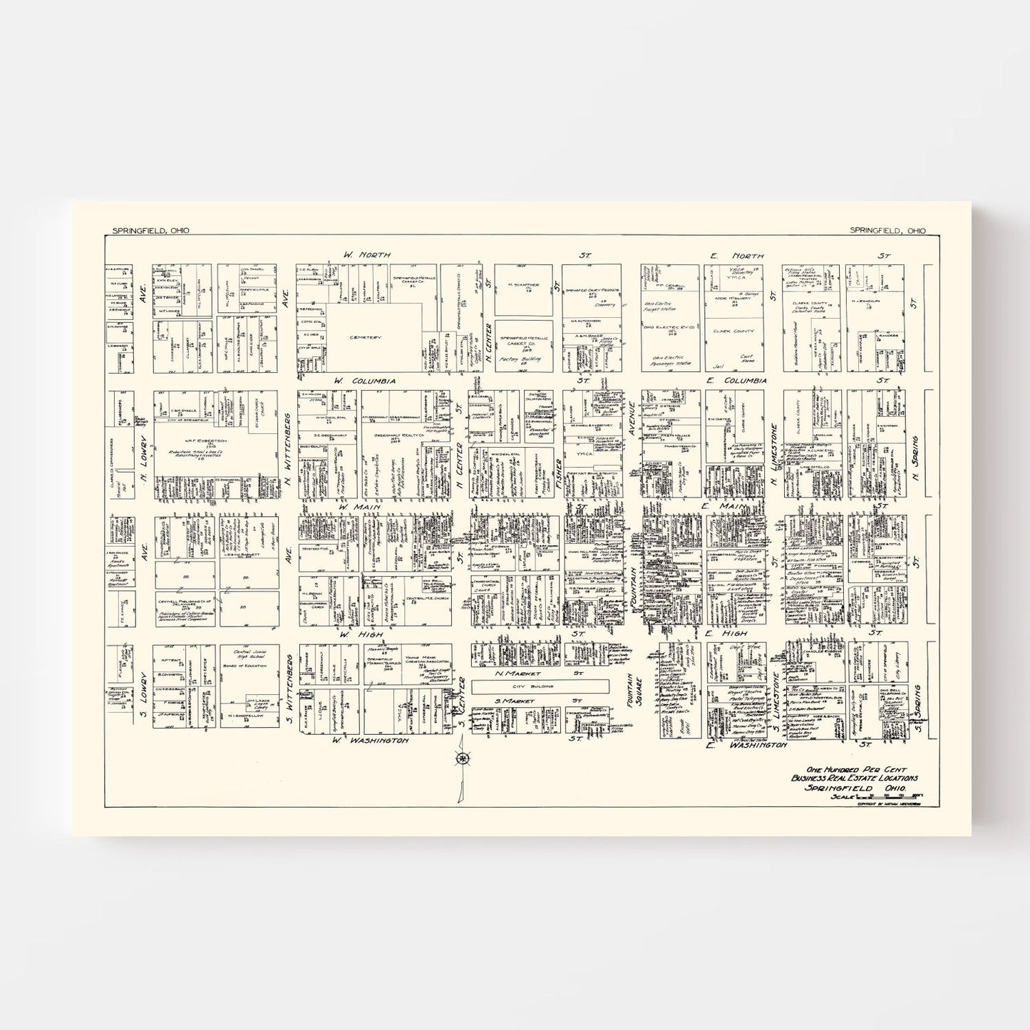 Vintage Map of Springfield, Ohio Business Section, 1929