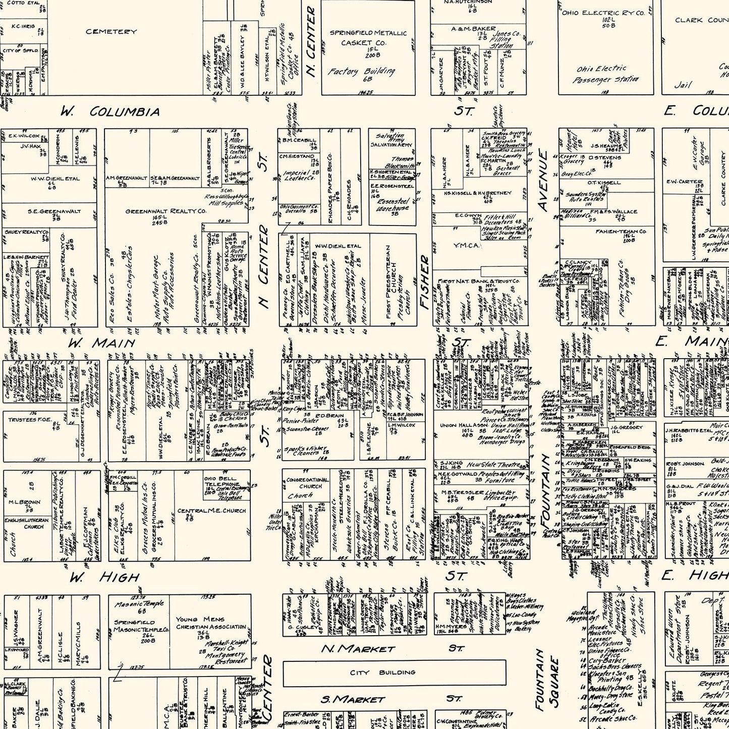 Vintage Map of Springfield, Ohio Business Section, 1929
