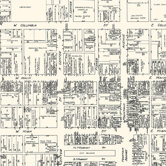 Vintage Map of Springfield, Ohio Business Section, 1929