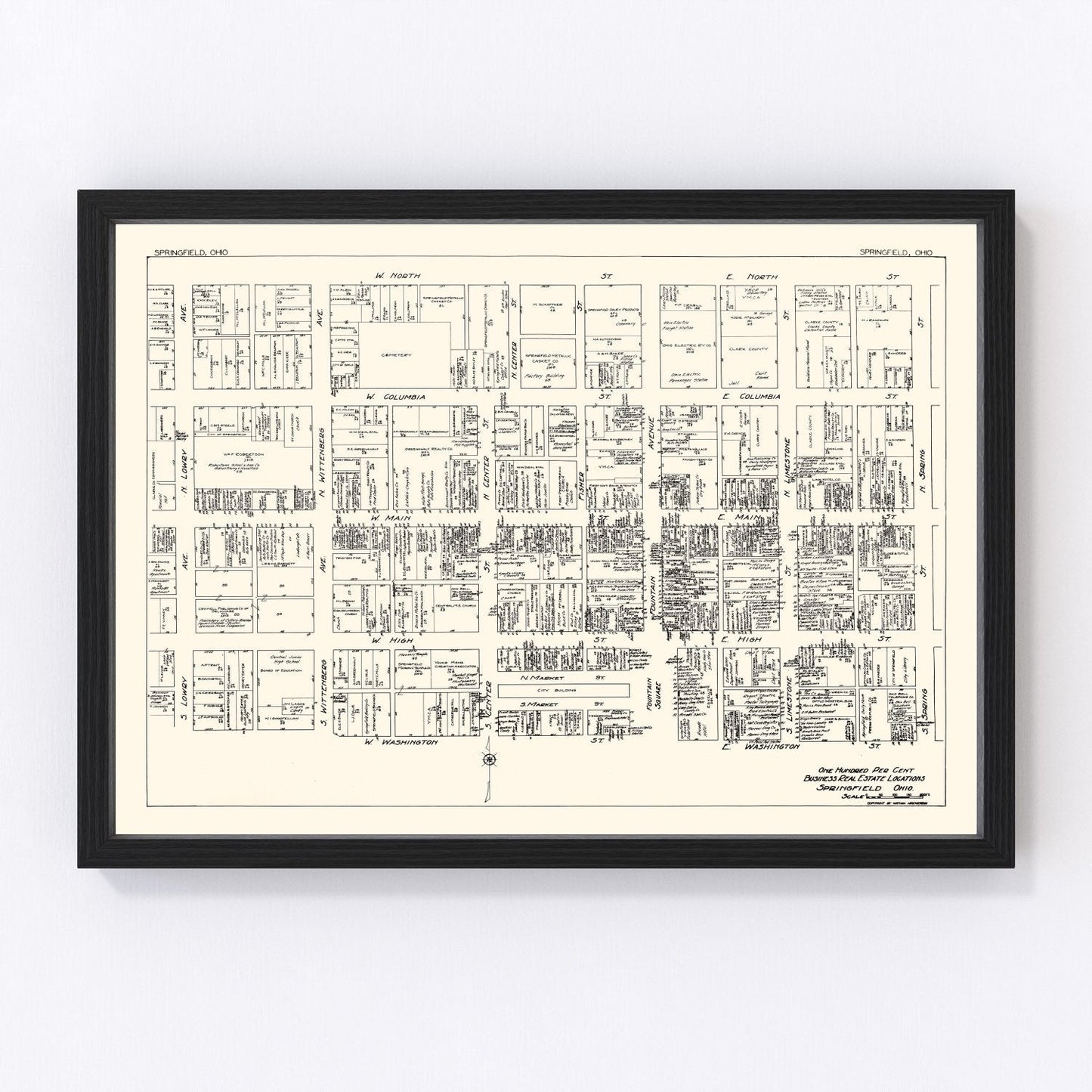 vintage map of Springfield, Ohio business section, 1929