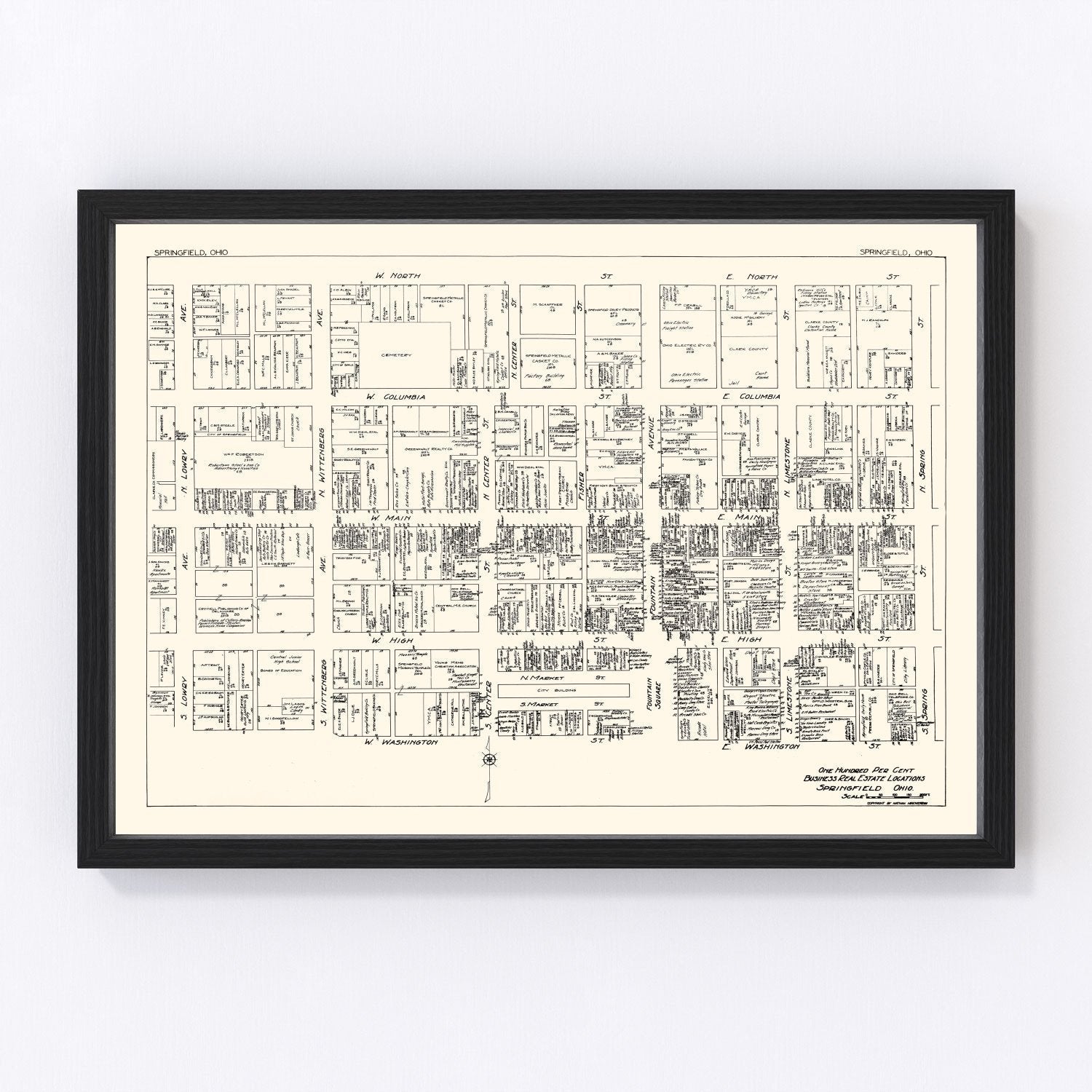 vintage map of Springfield, Ohio business section, 1929